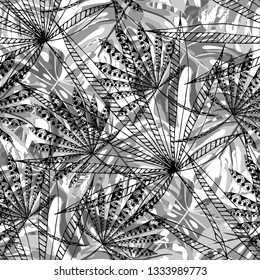 Tropical Plants. Seamless Pattern with Indian Rainforest. Trendy Black and White Texture for Print, Swimwear, Underwear. Vector Tropical Pattern.