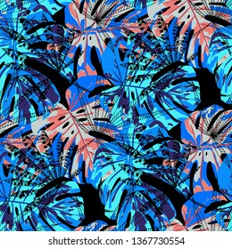 Tropical Plants. Seamless Pattern with Indian Jungle. Retro Colorful Texture for Fabric, Wallpaper, Linen. Vector Tropical Pattern.