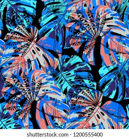 Tropical Plants. Seamless Pattern with Indonesian Rainforest. Modern Colorful Texture for Fabric, Textile, Linen. Vector Tropical Pattern.