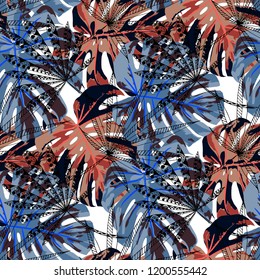 Tropical Plants. Seamless Pattern with Indonesian Jungle. Trendy Colorful Texture for Paper, Swimwear, Textile. Vector Tropical Pattern.