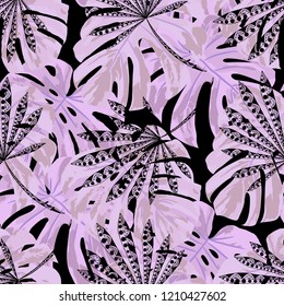 Tropical Plants. Seamless Pattern with Indonesian Jungle. Retro Colorful Texture for Print, Textile, Linen. Vector Tropical Pattern.
