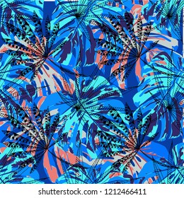 Tropical Plants. Seamless Pattern with Indonesian Jungle. Trendy Colorful Texture for Paper, Swimwear, Cloth. Vector Tropical Pattern.