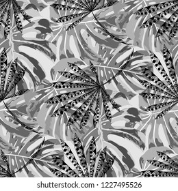 Tropical Plants. Seamless Pattern with Indonesian Rainforest. Vintage Black and White Texture for Paper, Swimwear, Cloth. Vector Tropical Pattern.
