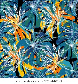 Tropical Plants. Seamless Pattern with Indonesian Jungle. Trendy Colorful Texture for Print, Swimwear, Underwear. Vector Tropical Pattern.