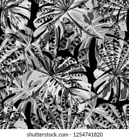 Tropical Plants. Seamless Pattern with Indonesian Jungle. Modern Black and White Texture for Fabric, Wallpaper, Linen. Vector Tropical Pattern.