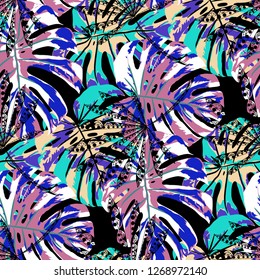 Tropical Plants. Seamless Pattern with Indonesian Jungle. Vintage Colorful Texture for Print, Textile, Linen. Vector Tropical Pattern.