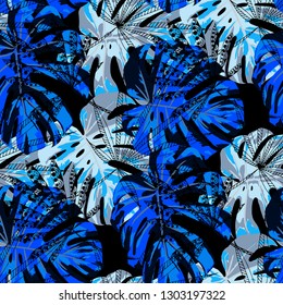 Tropical Plants. Seamless Pattern with Indonesian Rainforest. Vintage Colorful Texture for Paper, Swimwear, Cloth. Vector Tropical Pattern.