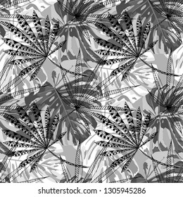 Tropical Plants. Seamless Pattern with Indonesian Jungle. Trendy Black and White Texture for Print, Swimwear, Underwear. Vector Tropical Pattern.