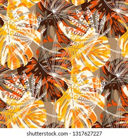 Tropical Plants. Seamless Pattern with Indonesian Rainforest. Modern Colorful Texture for Paper, Wallpaper, Textile. Vector Tropical Pattern.