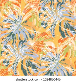 Tropical Plants. Seamless Pattern with Indonesian Rainforest. Modern Colorful Texture for Print, Textile, Linen. Vector Tropical Pattern.