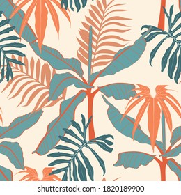 Tropical plants seamless pattern, palm leaves and exoticplants, blue and orange tones.