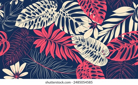 Plantas tropicales de patrón inconsútil, hojas de palma y flores de Monstera, sobre un fondo azul, tonos azules y rosas. Ilustración vectorial