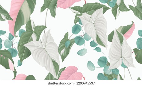 Tropical plants seamless pattern, Syngonium podophyllum albo-variegatum, Pilea peperomioides and Philodendron pink princess on light grey background, pastel vintage theme