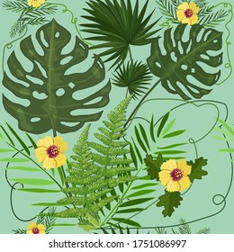 Tropical plants seamless pattern in vector. Leaves of exotic plants, tropical palm trees and hibiscus flowers on a light green background