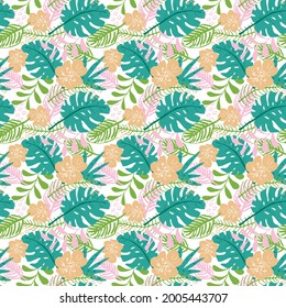 Tropical plants seamless pattern vector illustration. Exotic natural palm leaves wallpaper background.