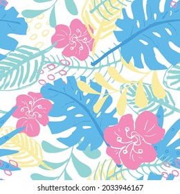 Tropical plants seamless pattern vector illustration. Exotic natural palm leaves wallpaper background.
