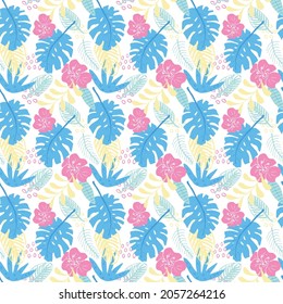 Tropical plants seamless pattern vector illustration. Exotic natural palm leaves wallpaper background.