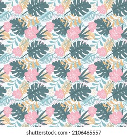 Tropical plants seamless pattern vector illustration. Exotic natural palm leaves wallpaper background.
