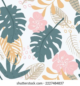 Tropical plants seamless pattern vector illustration. Exotic natural palm leaves wallpaper background.