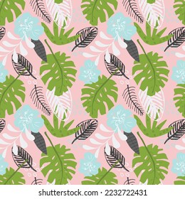 Tropical plants seamless pattern vector illustration. Exotic natural palm leaves wallpaper background.