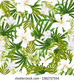 Tropical plants seamless pattern.Beautiful Hawaiian flowers seamless pattern. Floral background. Colorful hibiscus rose. Summer background. 