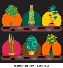 tropical plants set isolated vector illustration, summer nature botany background design with leaf, home cactus flower in pot, green potted palm tree, garden peyote natural exotic wood decoration