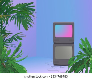 Tropical plants and stack of crt tv in vaporwave room neon glow ambience, aesthetic background illustration