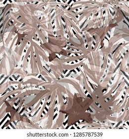 Tropical Plants. Summer Design for Swimwear. Exotic Palm Greenery Backdrop. Repeating Illustration. Vector Tropical Plants Print.