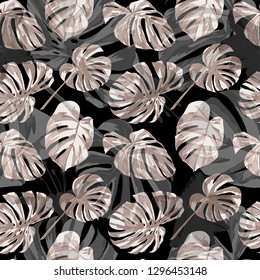 Tropical Plants. Summer Design for Swimwear. Seamless Illustration. Exotic Palm Greenery Backdrop. Vector Tropical Plants Print.