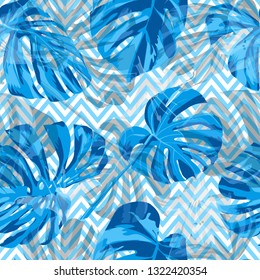 Tropical Plants. Summer Design for Swimwear. Exotic Palm Greenery Backdrop. Repeatable Illustration. Vector Tropical Plants Print.