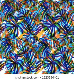 Tropical Plants. Summer Design for Swimwear. Exotic Palm Greenery Backdrop. Repeat Illustration. Vector Tropical Plants Print.