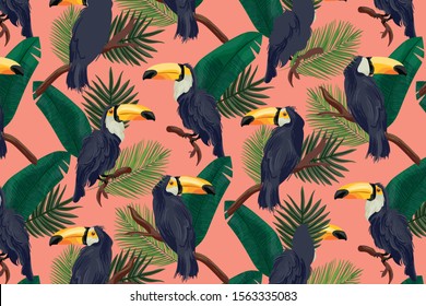 Tropical plants and toucan birds pattern