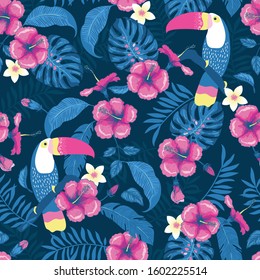 Tropical Plants, Toucan and Hibiscus Flowers Vector Seamless Pattern 