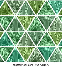 Tropical plants in triangles seamless vector pattern. Crane flower and palm leaves geometric triangular tiles mosaic repeating background. Exotic design. Paradise plants vector textile pattern.