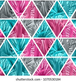 Tropical plants in triangles seamless vector pattern. Crane flower and palm leaves geometric triangular tiles grid repeating background. Tropic design. Paradise flowers leaves vector fabric pattern.