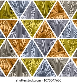 Tropical plants in triangles seamless vector pattern. Crane flower and palm leaves geometric triangular tiles mosaic repeating background. Trendy design. Paradise flowers leaves vector textile pattern