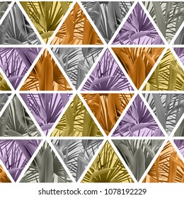 Tropical plants in triangles seamless vector pattern. Crane flower and palm leaves geometric triangular tiles mosaic repeating background. Exotic design. Paradise flowers leaves vector fabric pattern.