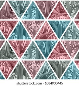Tropical plants in triangles seamless vector pattern. Crane flower and palm leaves geometric triangular tiles mosaic repeating background. Trendy design. Paradise flowers leaves vector fabric pattern.