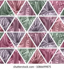 Tropical plants in triangles seamless vector pattern. Crane flower and palm leaves geometric triangular tiles grid repeating background. Tropic design. Paradise plants vector textile pattern.