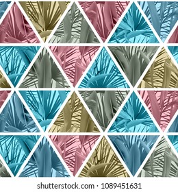 Tropical plants in triangles seamless vector pattern. Crane flower and palm leaves geometric triangular tiles grid repeating background. Bright design. Paradise flowers leaves vector fabric pattern.