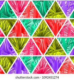 Tropical plants in triangles seamless vector pattern. Crane flower and palm leaves geometric triangular tiles mosaic repeating background. Trendy design. Paradise flowers leaves vector fabric pattern.