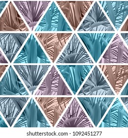 Tropical plants in triangles seamless vector pattern. Crane flower and palm leaves geometric triangular tiles mosaic repeating background. Simple design. Paradise flowers leaves vector textile pattern