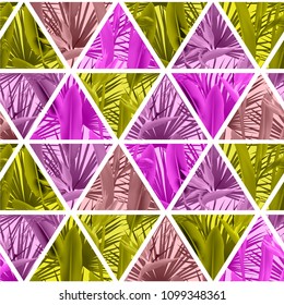 Tropical plants in triangles seamless vector pattern. Crane flower and palm leaves geometric triangular tiles mosaic repeating background. Tropic design. Paradise flowers leaves vector fabric pattern.