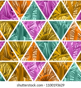 Tropical plants in triangles seamless vector pattern. Crane flower and palm leaves geometric triangular tiles grid repeating background. Cool design. Paradise plants vector textile pattern.