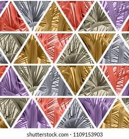 Tropical plants in triangles seamless vector pattern. Crane flower and palm leaves geometric triangular tiles mosaic repeating background. Tropic design. Paradise flowers leaves vector fabric pattern.