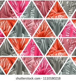 Tropical plants in triangles seamless vector pattern. Crane flower and palm leaves geometric triangular tiles grid repeating background. Trendy design. Paradise flowers leaves vector fabric pattern.