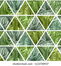 Tropical plants in triangles seamless vector pattern. Crane flower and palm leaves geometric triangular tiles mosaic repeating background. Beauty design. Paradise flowers leaves vector fabric pattern.