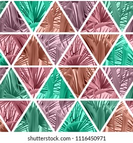 Tropical plants in triangles seamless vector pattern. Crane flower and palm leaves geometric triangular tiles grid repeating background. Bright design. Paradise flowers leaves vector fabric pattern.