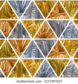 Tropical plants in triangles seamless vector pattern. Crane flower and palm leaves geometric triangular tiles mosaic repeating background. Cool design. Paradise plants vector fabric pattern.