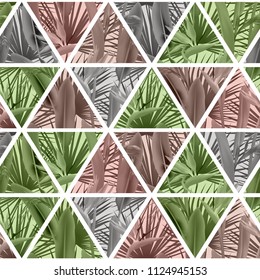 Tropical plants in triangles seamless vector pattern. Crane flower and palm leaves geometric triangular tiles grid repeating background. Bright design. Paradise flowers leaves vector fabric pattern.